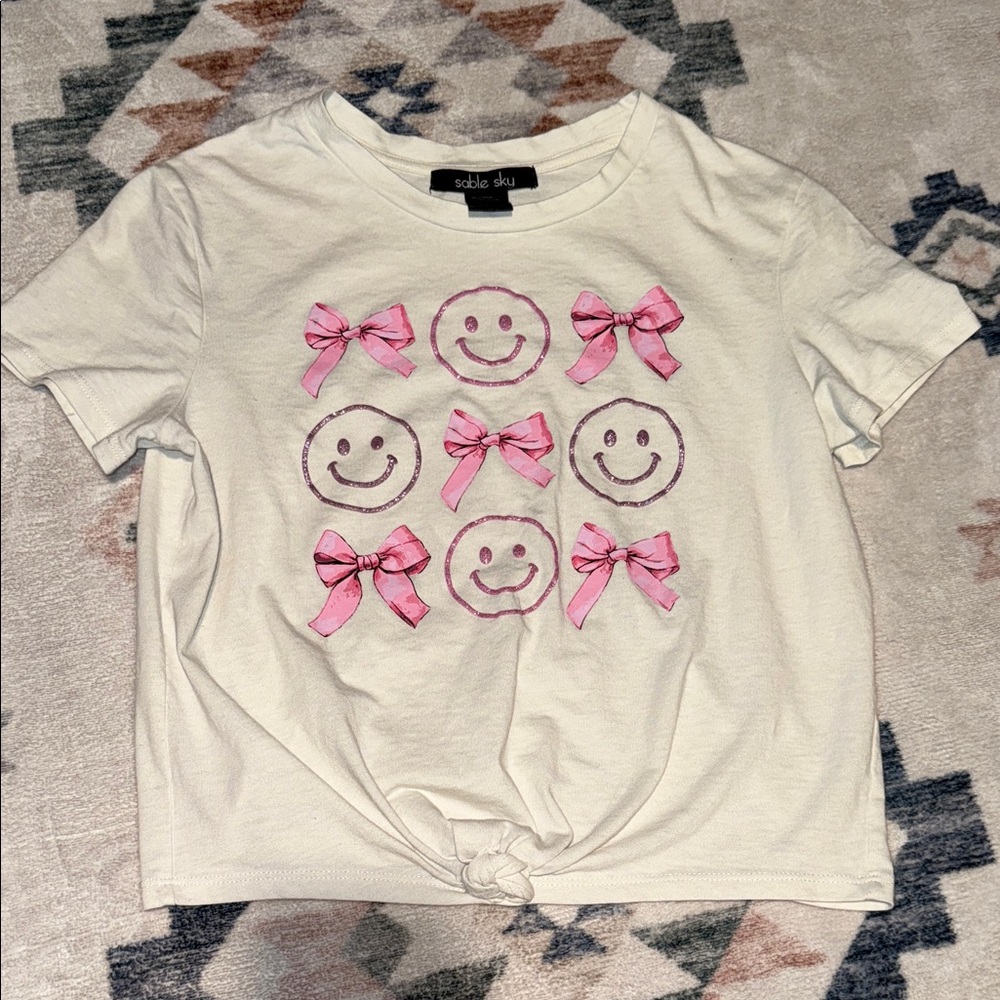Girls' White and Pink Bow Smiley Tee